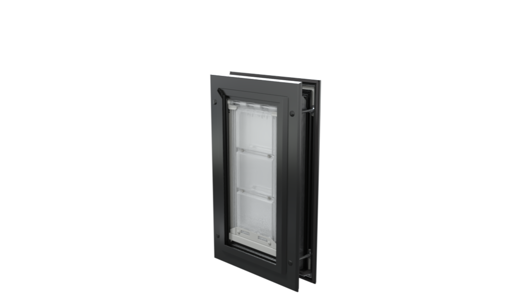 The durable, black Endura Flap pet door, closed angle view.
