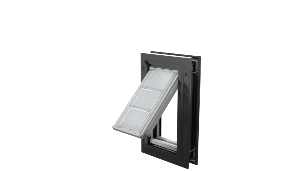 Open, black Endura Flap dog door, angled for pet access.