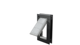 Open, black Endura Flap dog door, angled for pet access.