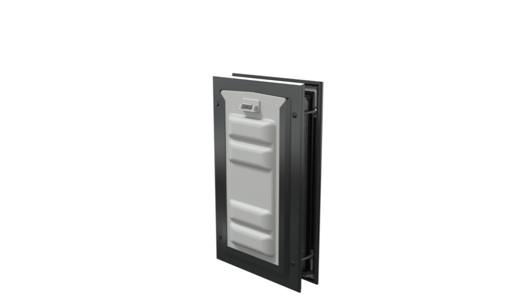 Locked black Endura Flap pet door, angled security view.