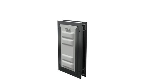 Locked black Endura Flap pet door, angled security view.