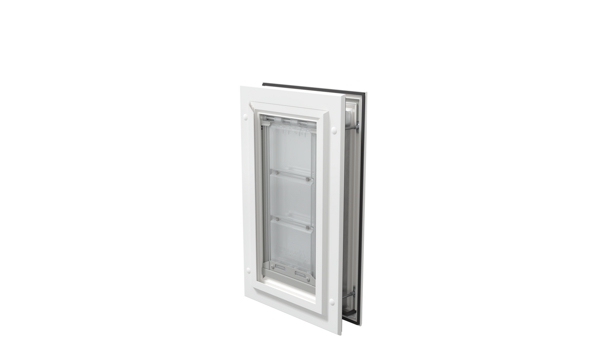 White Endura Flap door, closed angle. Weather resistant dog door.