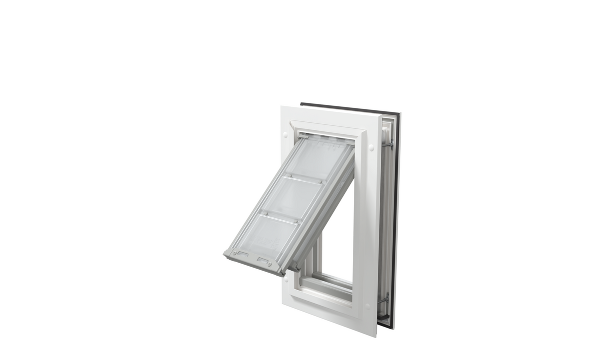 White Endura Flap door, open angle. Easy install pet door.