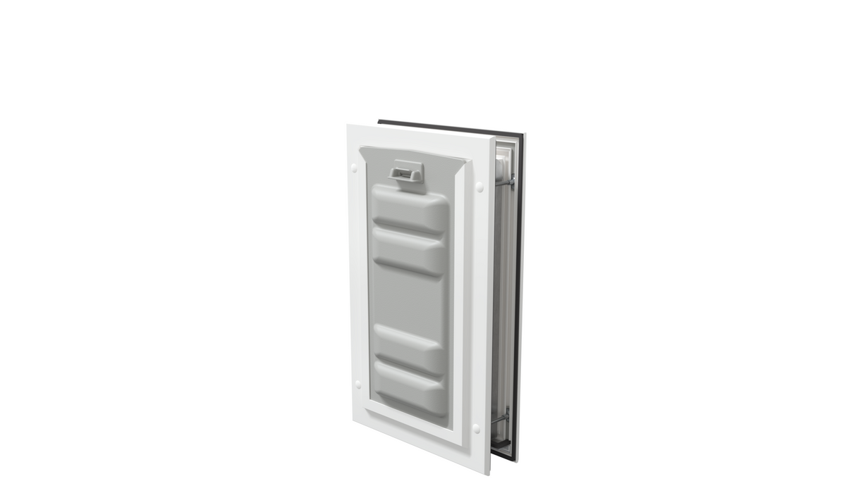 White Endura Flap door with lock, angled. Secure pet entrance.