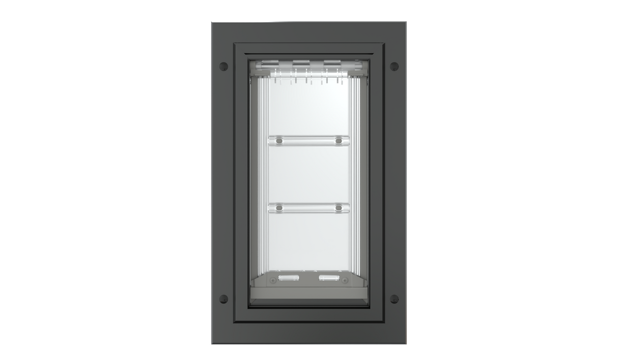 Front view of the black Endura Flap single flap pet door.