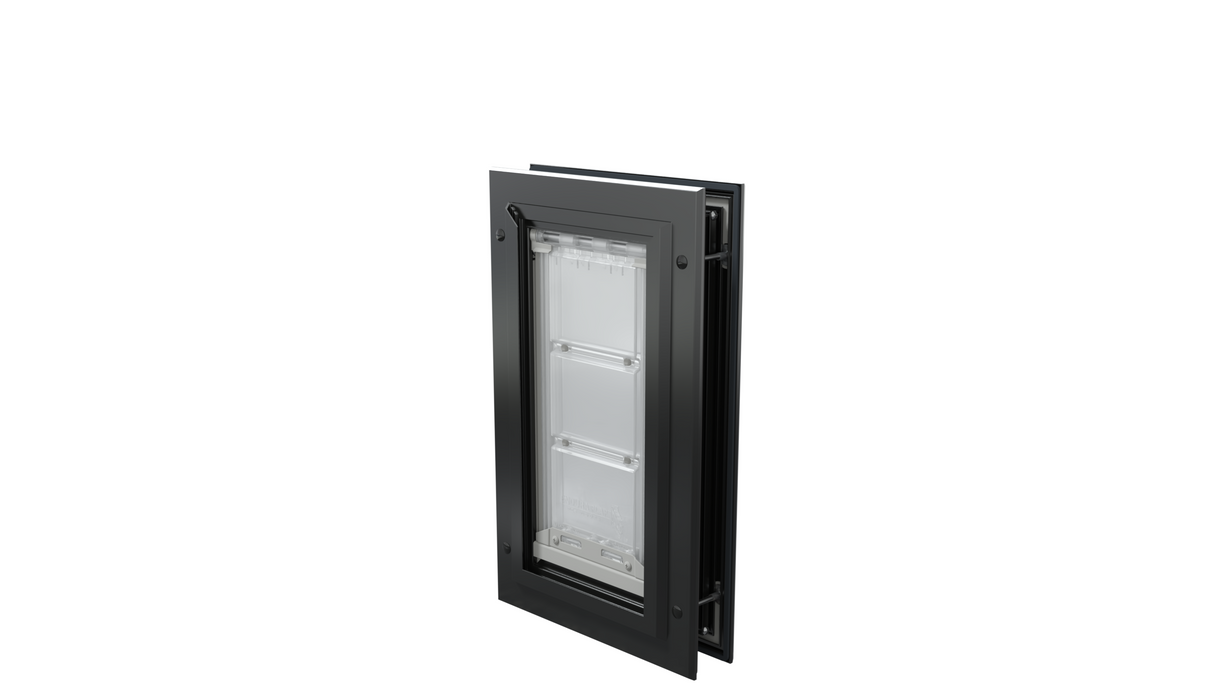 Closed, black Endura Flap single flap dog door, angled.