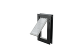 Open, black Endura Flap single flap cat door, angled.