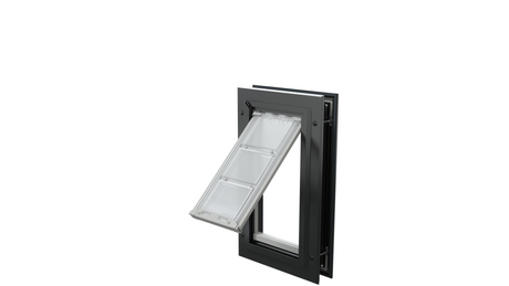 Open, black Endura Flap single flap cat door, angled.