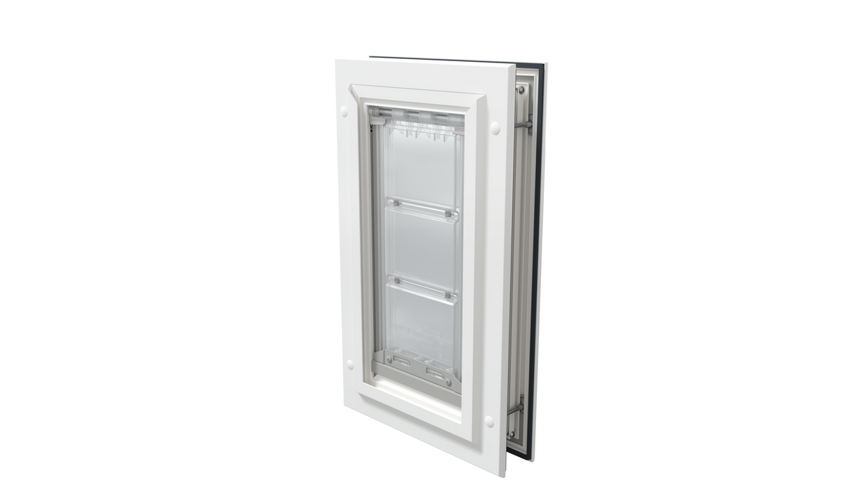 White Endura Flap single flap, closed angle. Insulated cat door.