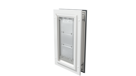 White Endura Flap single flap, closed angle. Insulated cat door.
