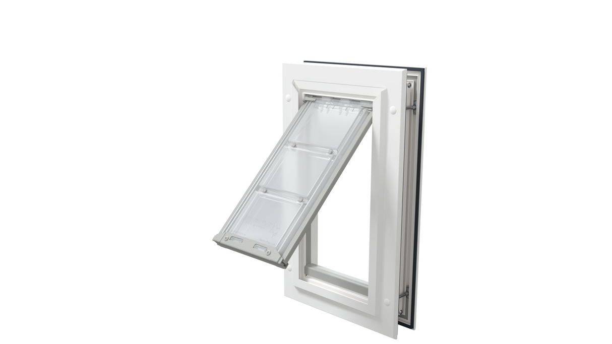 White Endura Flap single flap, open angle. Flexible pet flap.