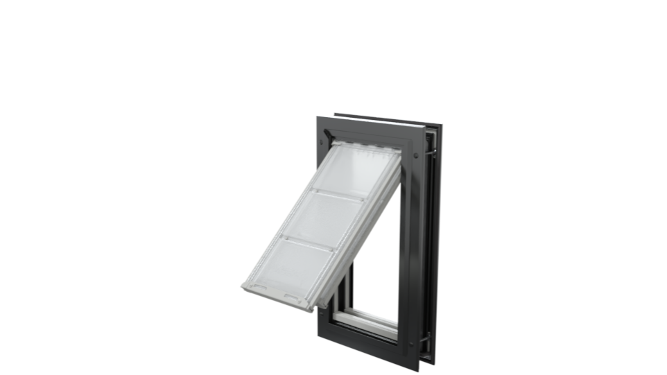 Open black Endura Flap medium cat door, angled access.