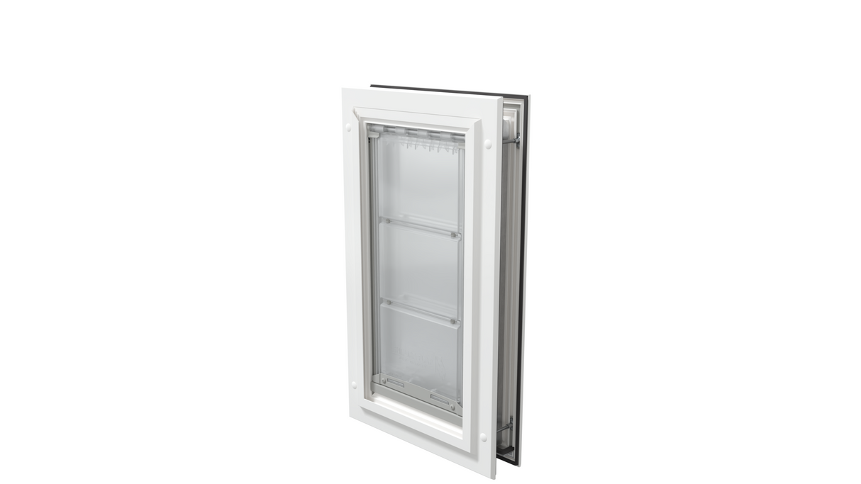 Closed white Endura Flap medium pet door, angled view.