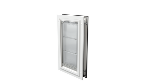 Closed white Endura Flap medium pet door, angled view.