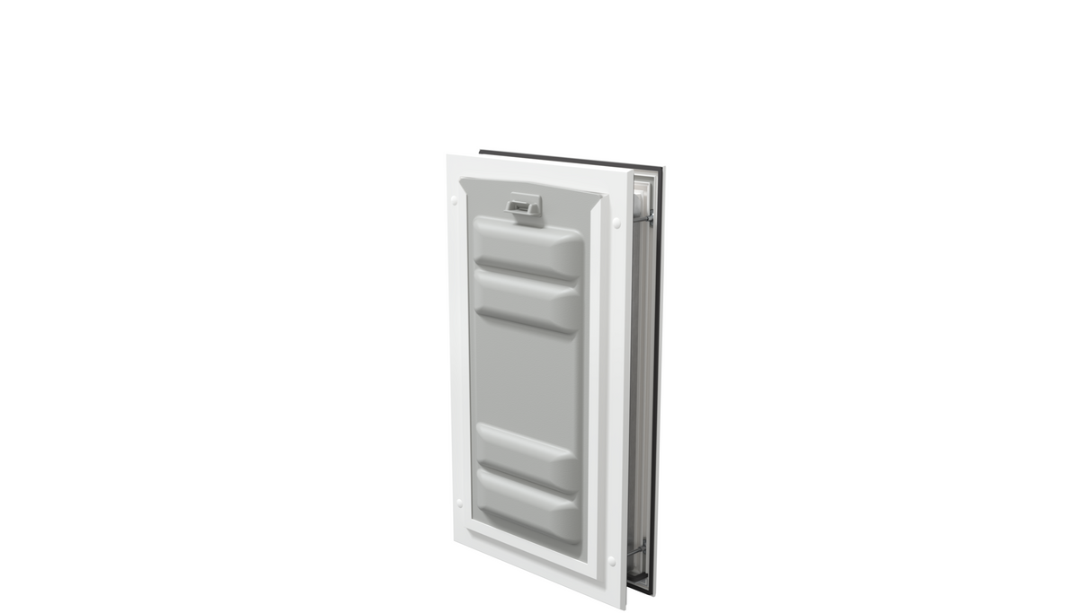Locked white Endura Flap medium pet door, angled secure.