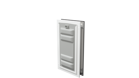 Locked white Endura Flap medium pet door, angled secure.