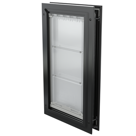 Black Endura Flap door, closed, angled view.