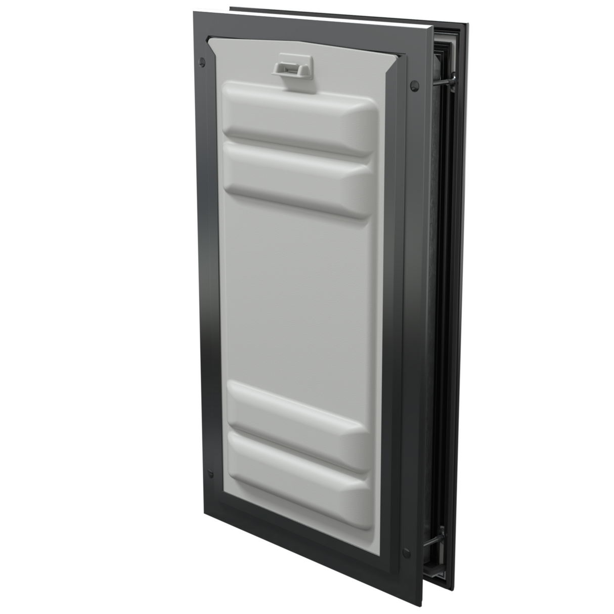 Black Endura Flap door with lock, angled. Secure pet access.