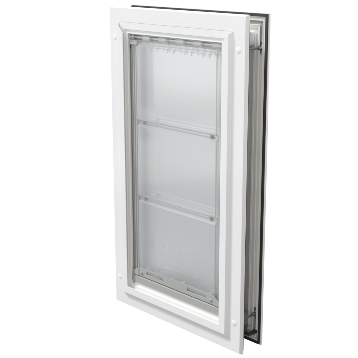 White Endura Flap door, closed, angled view.