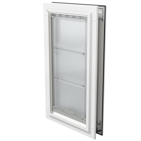 White Endura Flap door, closed, angled view.