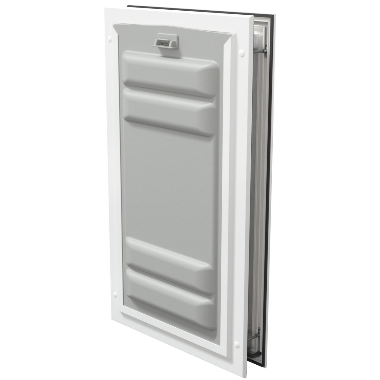 White Endura Flap door with lock, angled view.