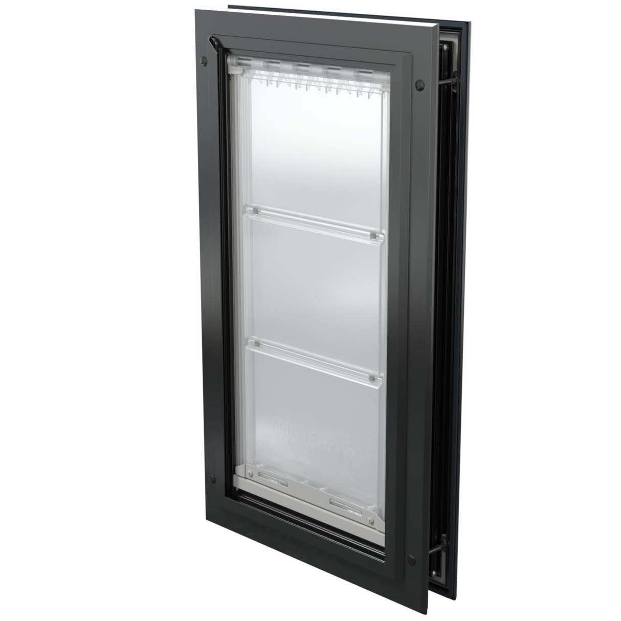 Black Endura Flap single flap, closed angle. Insulated pet door.