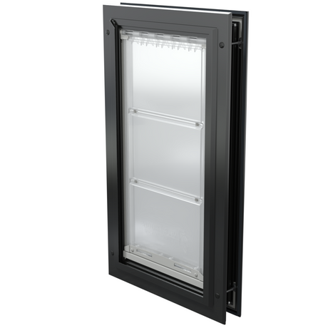 Black Endura Flap single flap, closed angle. Insulated pet door.