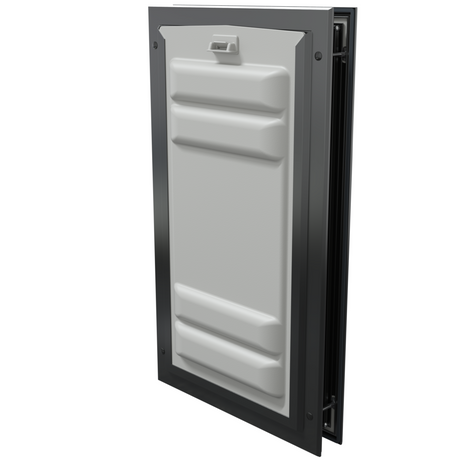 Black Endura Flap single flap with lock, angled. Secure cat flap.