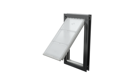 Open black Endura Flap extra large pet door, angled.