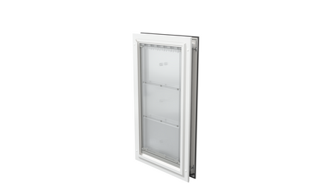 Closed white Endura Flap extra large dog door, angled.