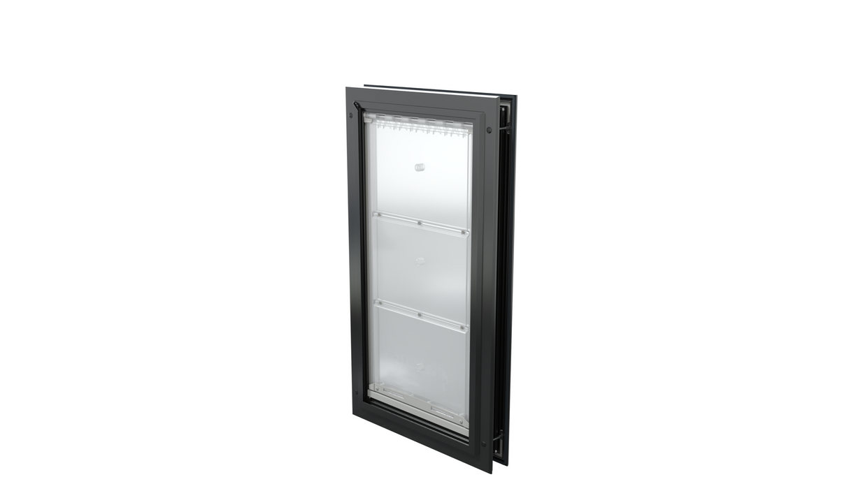 Closed black Endura Flap XL single flap, angled pet door.
