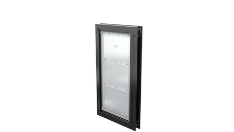 Closed black Endura Flap XL single flap, angled pet door.