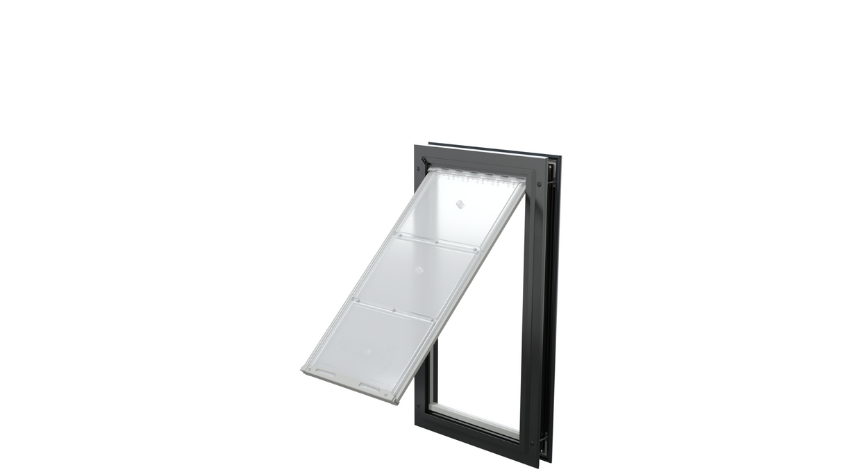 Open black Endura Flap XL single flap, angled dog door.