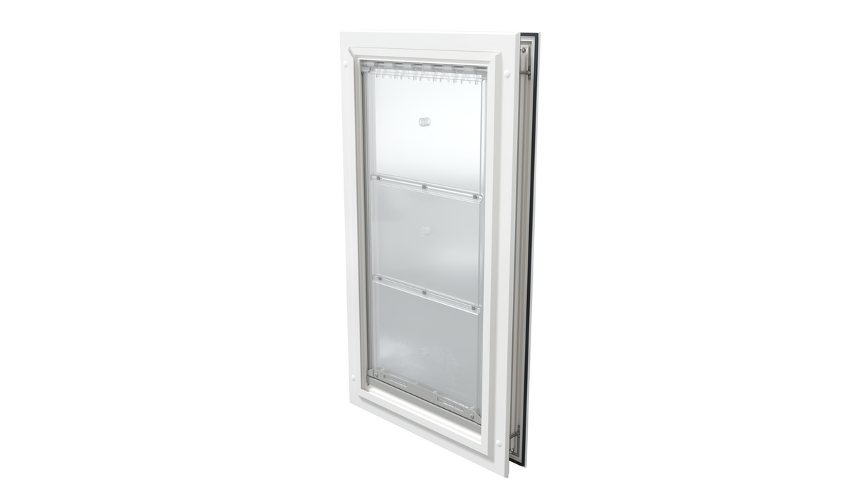 Closed white Endura Flap XL single flap, angled pet door.