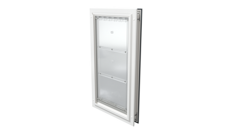 Closed white Endura Flap XL single flap, angled pet door.