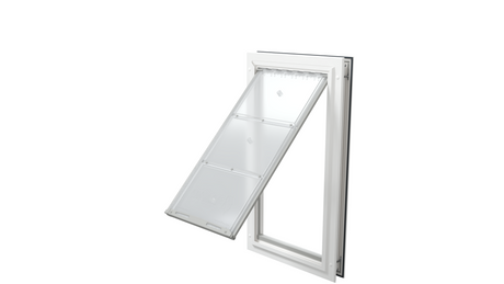Open white Endura Flap XL single flap, angled dog door.