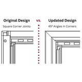 Diagram contrasting square corner joints in an original design versus 45-degree angles in corners in an updated design.