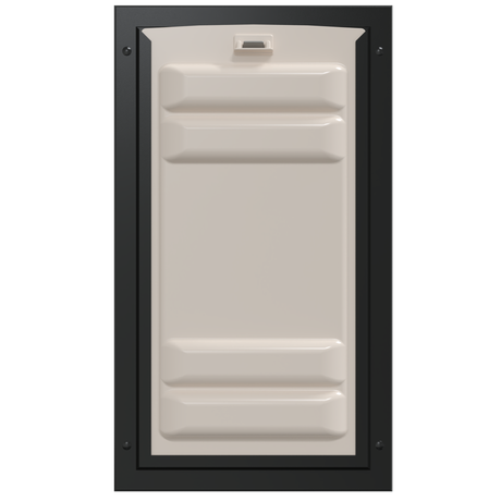 A beige pet door with a black frame is displayed against a white background.
