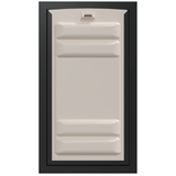 Beige molded door with black trim.