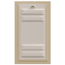 Off-white attic access door with beige frame.
