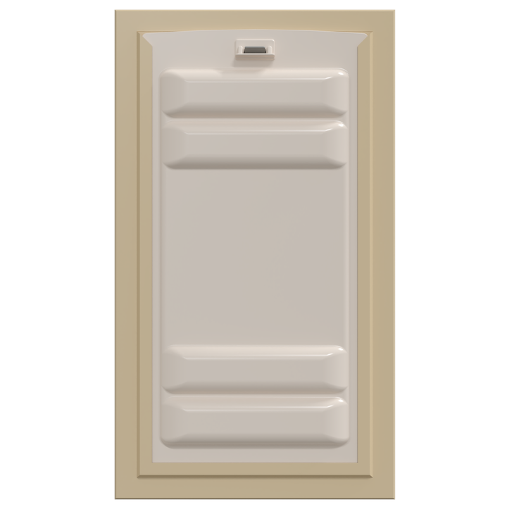 Off-white attic access door with beige frame.