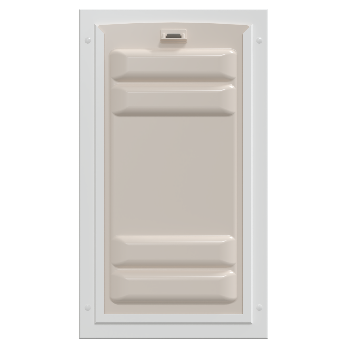 Rectangular tan dog door with a white frame.