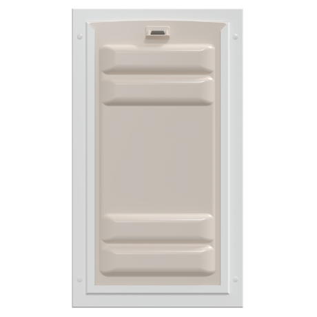 Rectangular tan dog door with a white frame.