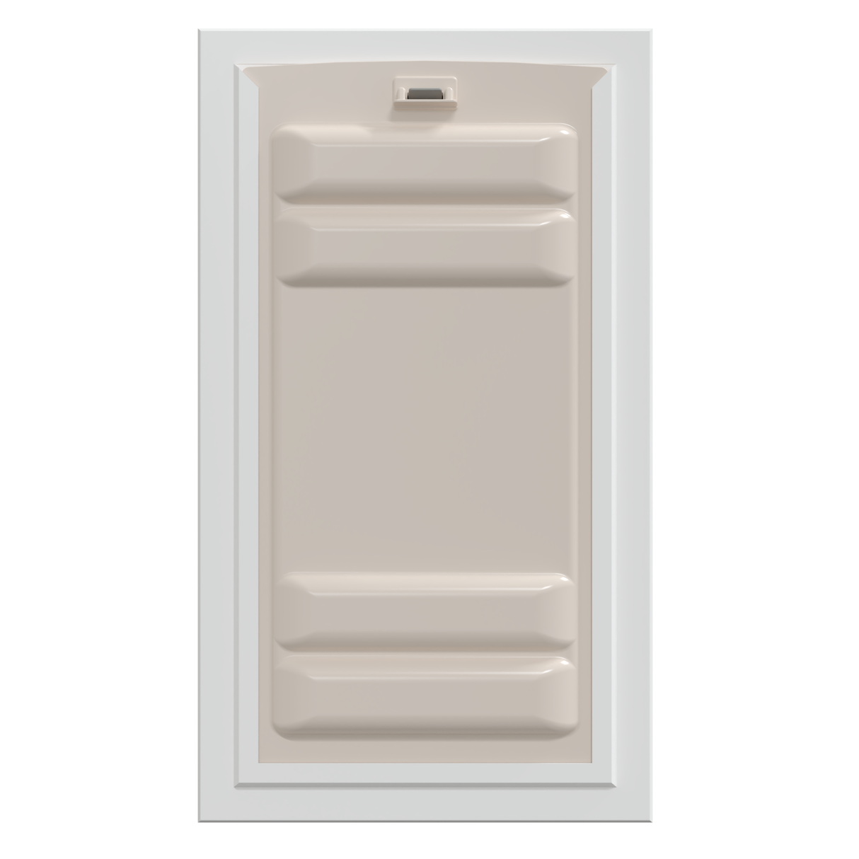 Beige shower base with built-in grab bars and white trim.