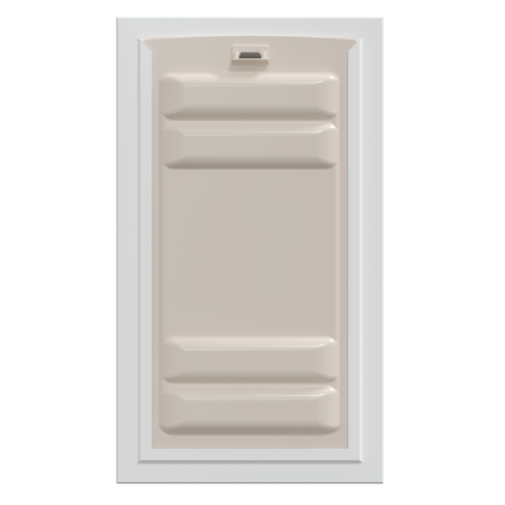 Beige shower base with built-in grab bars and white trim.