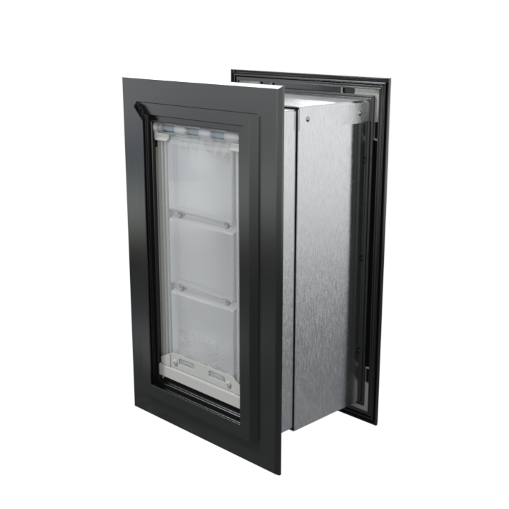 Angled view of a closed, black Endura Flap double flap wall mount pet door. This heavy duty dog door for wall provides excellent insulation.