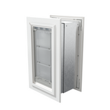 Angled view of a closed, white Endura Flap double flap wall mount pet door. This insulated dog door for wall helps maintain your home's temperature.