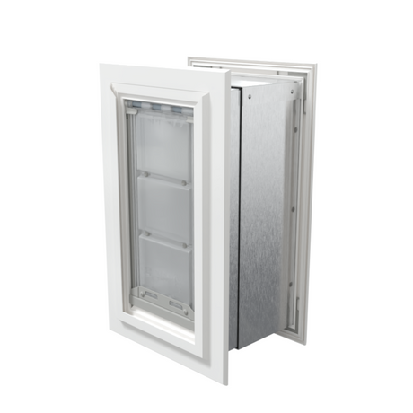 Angled view of a closed, white Endura Flap double flap wall mount pet door. This insulated dog door for wall helps maintain your home's temperature.
