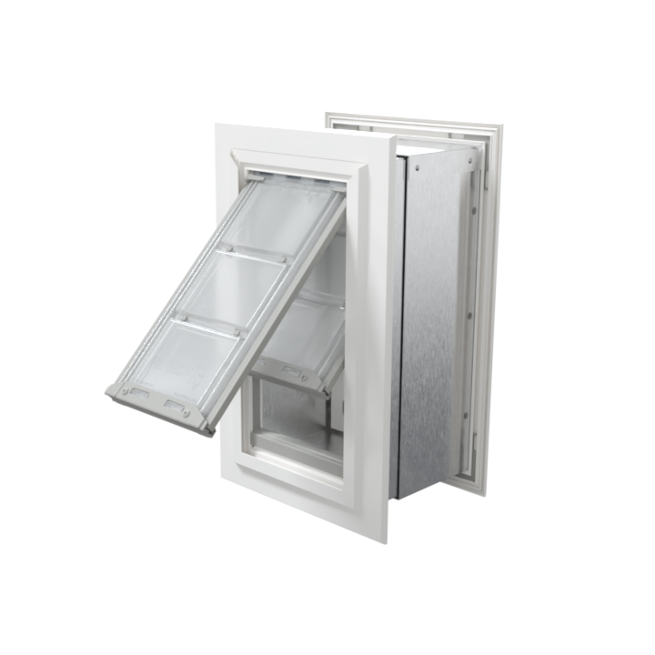 Angled view of an open, white Endura Flap double flap wall mount pet door. This extreme weather dog door for wall provides excellent insulation.