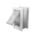 Angled view of an open, white Endura Flap double flap wall mount pet door. This extreme weather dog door for wall provides excellent insulation.